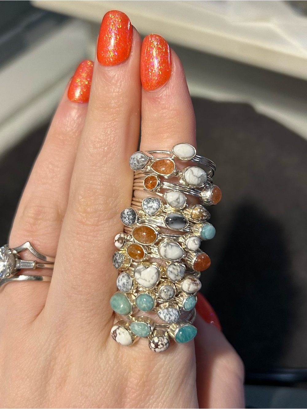 Mixed Semi-Precious Stackable Rings in White, Orange & Aqua - Sterling Silver